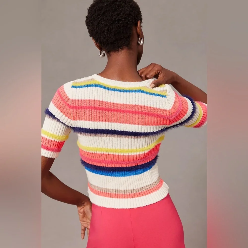Maeve Anthropologie Short-Sleeve Multi-Stripe Eyelash Sweater - Picture 4 of 11